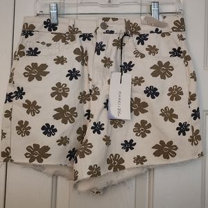 Khaki and Blue High Rise Shorts Floral Printed Raw Edge Hem Rigid Denim Size 11